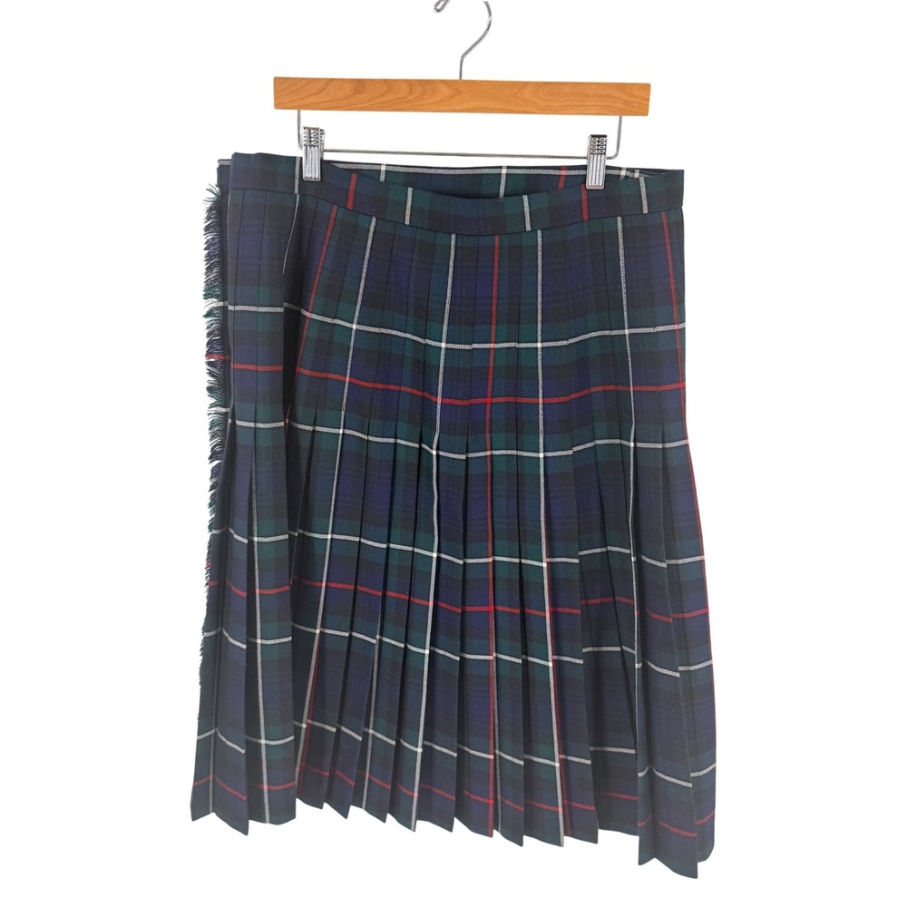 Strathmore Kilt Skirt Green Plaid Large Scottish Wool Pleated Fringe Midi